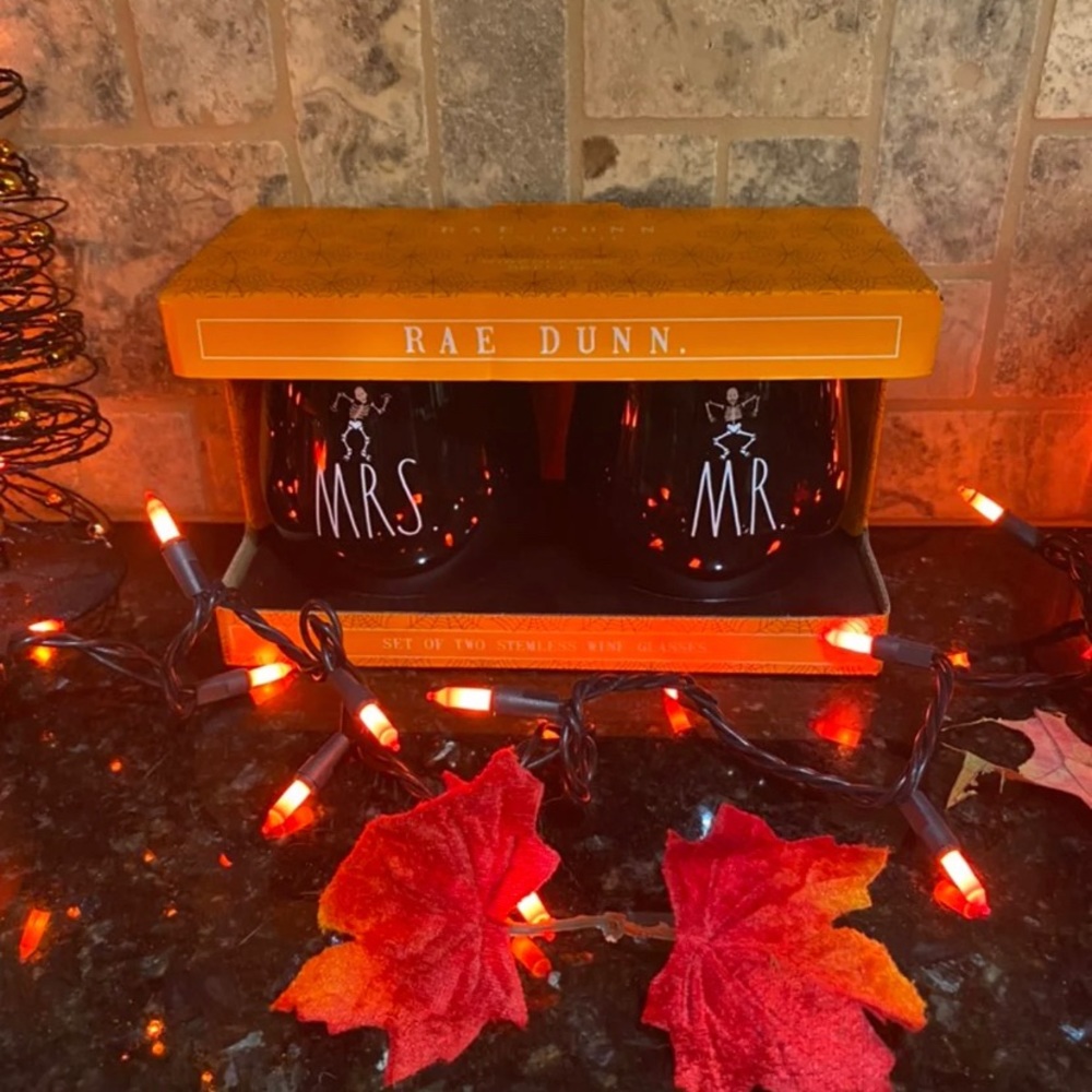New Rae Dunn Mr./ Mrs. Halloween Wine Glasses